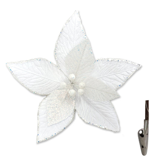 White poinsettia flower with glittered petals and beaded centre, attached to a metal clip