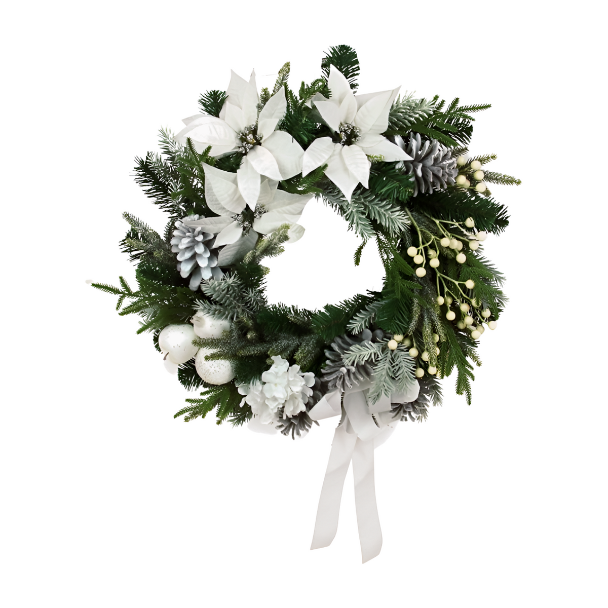 White poinsettia Christmas wreath with frosted pinecones, cream berry clusters, white baubles, and a white ribbon bow