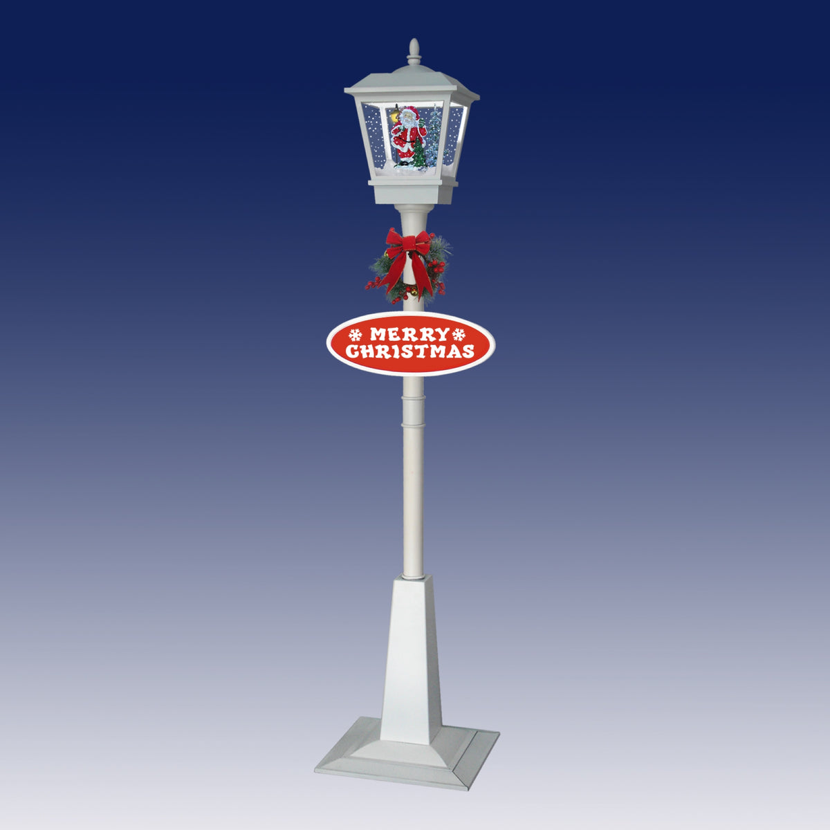 White musical snowing lamp post with Santa scene, Merry Christmas sign and festive wreath decoration
