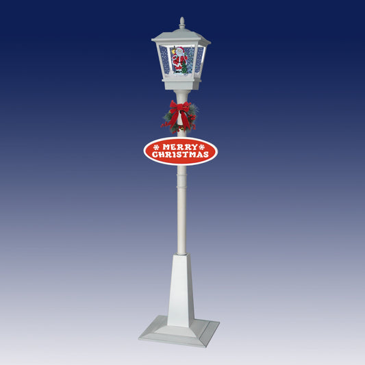 White musical snowing lamp post with Santa scene, Merry Christmas sign and festive wreath decoration
