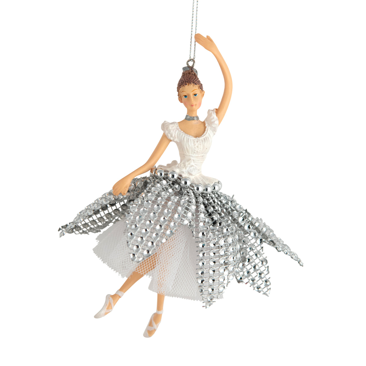 White and silver ballerina hanging ornament with metallic mesh skirt, ruffled bodice and silver chain