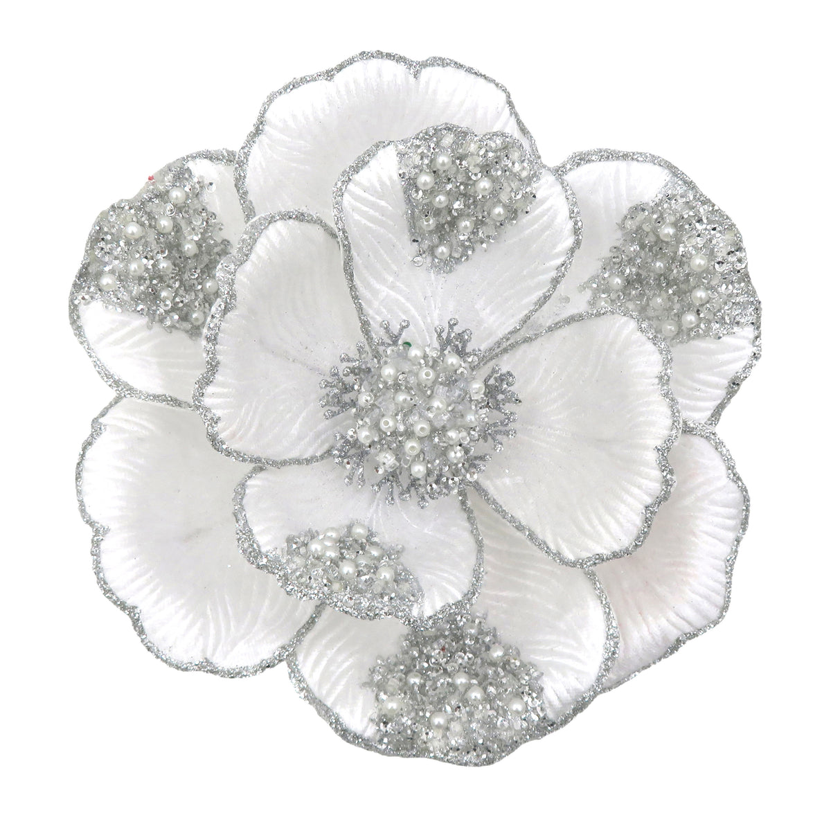White and silver beaded magnolia clip-on flower decoration with glitter petal edges and pearl and crystal bead detail