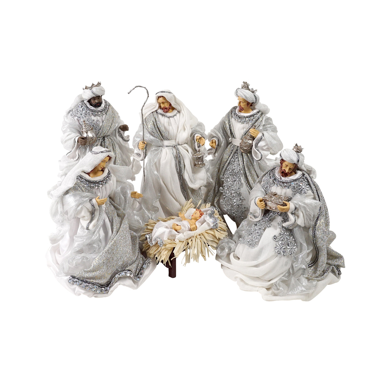 White and silver nativity figure set with Mary, Joseph, infant Jesus in manger and three wise men in glitter robes