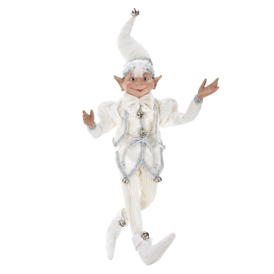 White and silver poseable elf figurine with satin bow, silver trim, and jingle bells throughout costume