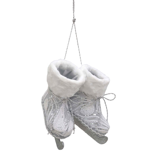 White and silver sequin ice skates ornament with faux fur cuffs, swirl bead detail and silver glitter blades