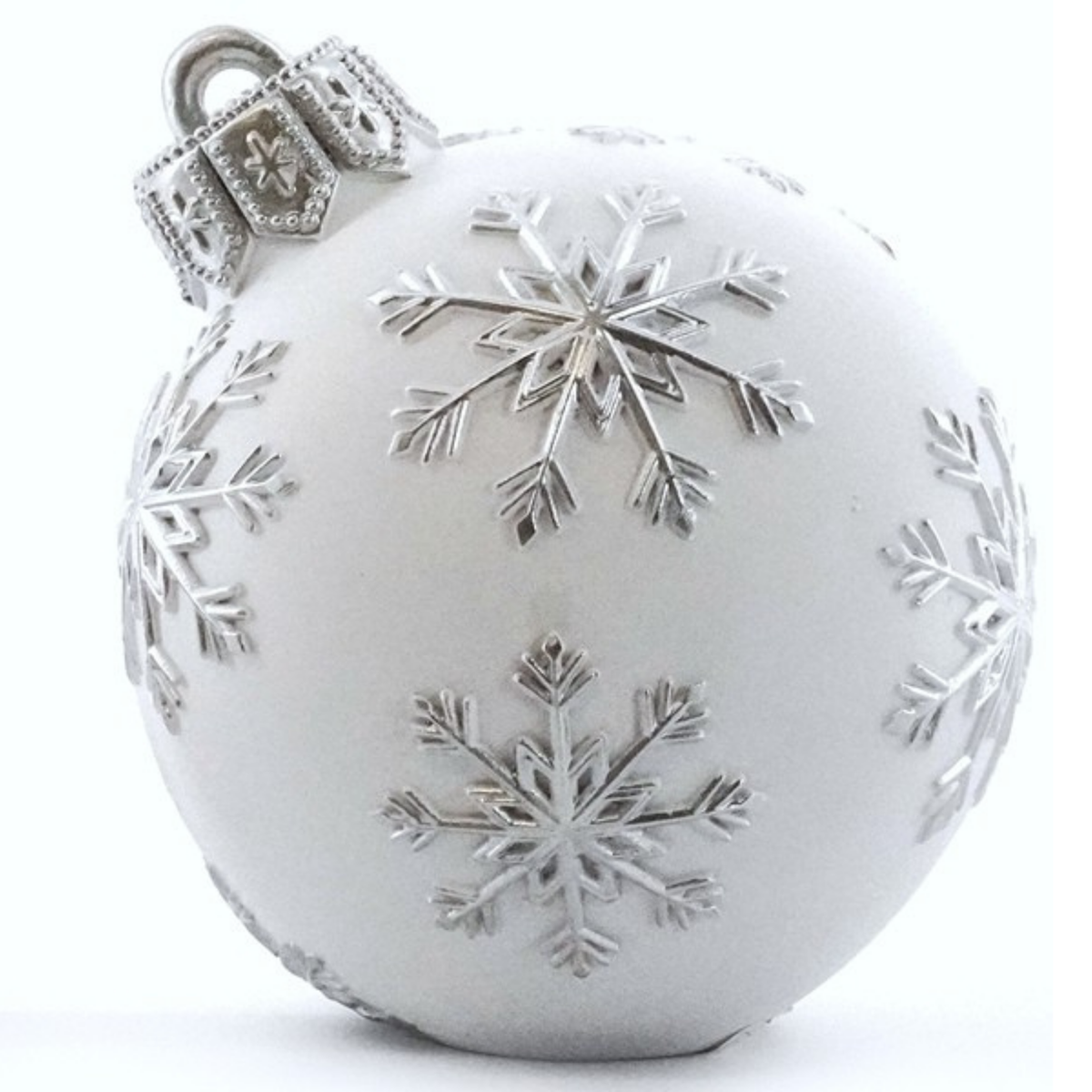Large white matte bauble ornament covered in raised silver snowflake motifs with a decorative silver filigree cap
