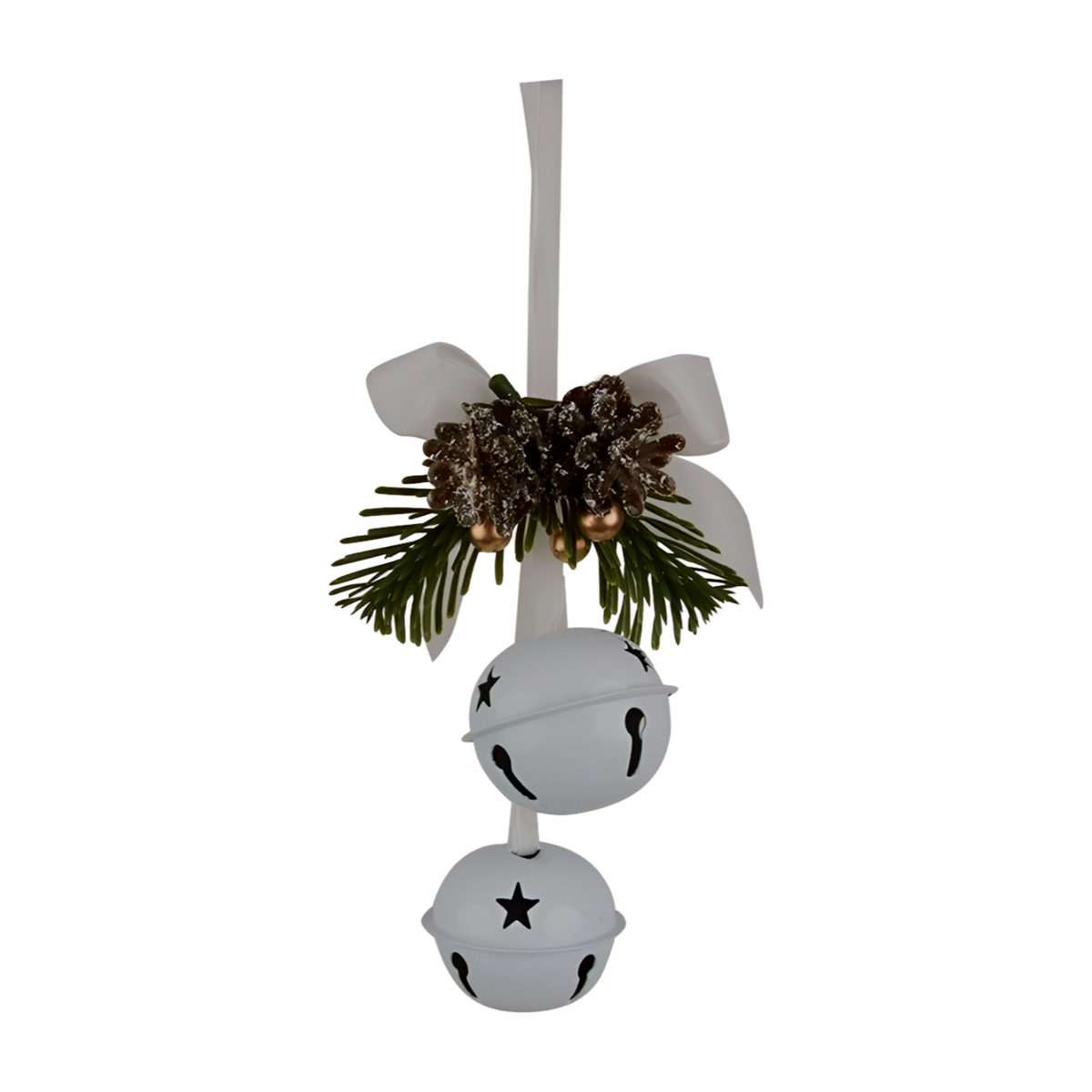 White double stacked jingle bell Christmas decoration with star cut-outs, pine sprigs, gold berries, pinecone and cream bow