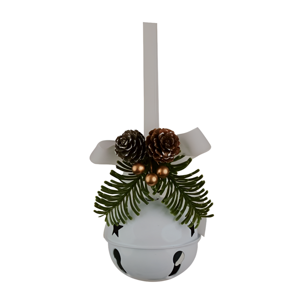 White jingle bell Christmas decoration with star cut-outs, pine sprigs, gold berries, pinecones and cream ribbon bow