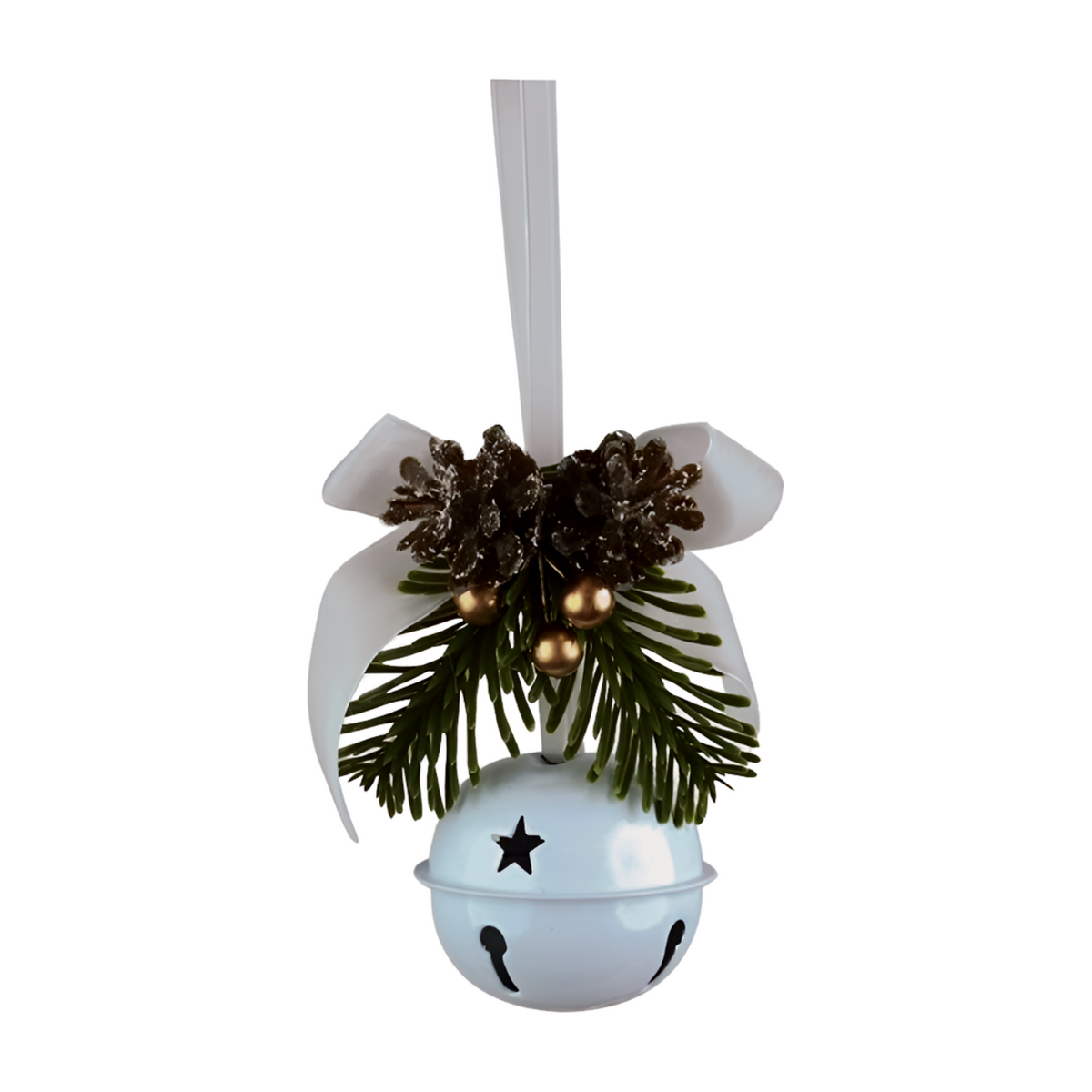 White jingle bell Christmas decoration with star cut-outs, pine sprigs, gold berries, two pinecones and cream ribbon bow