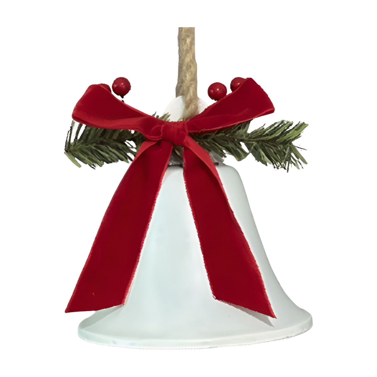 White decorative bell with red velvet bow and pine accents