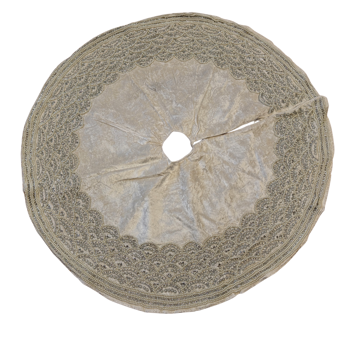 Hand-beaded white velvet Christmas tree skirt with silver scalloped embroidery
