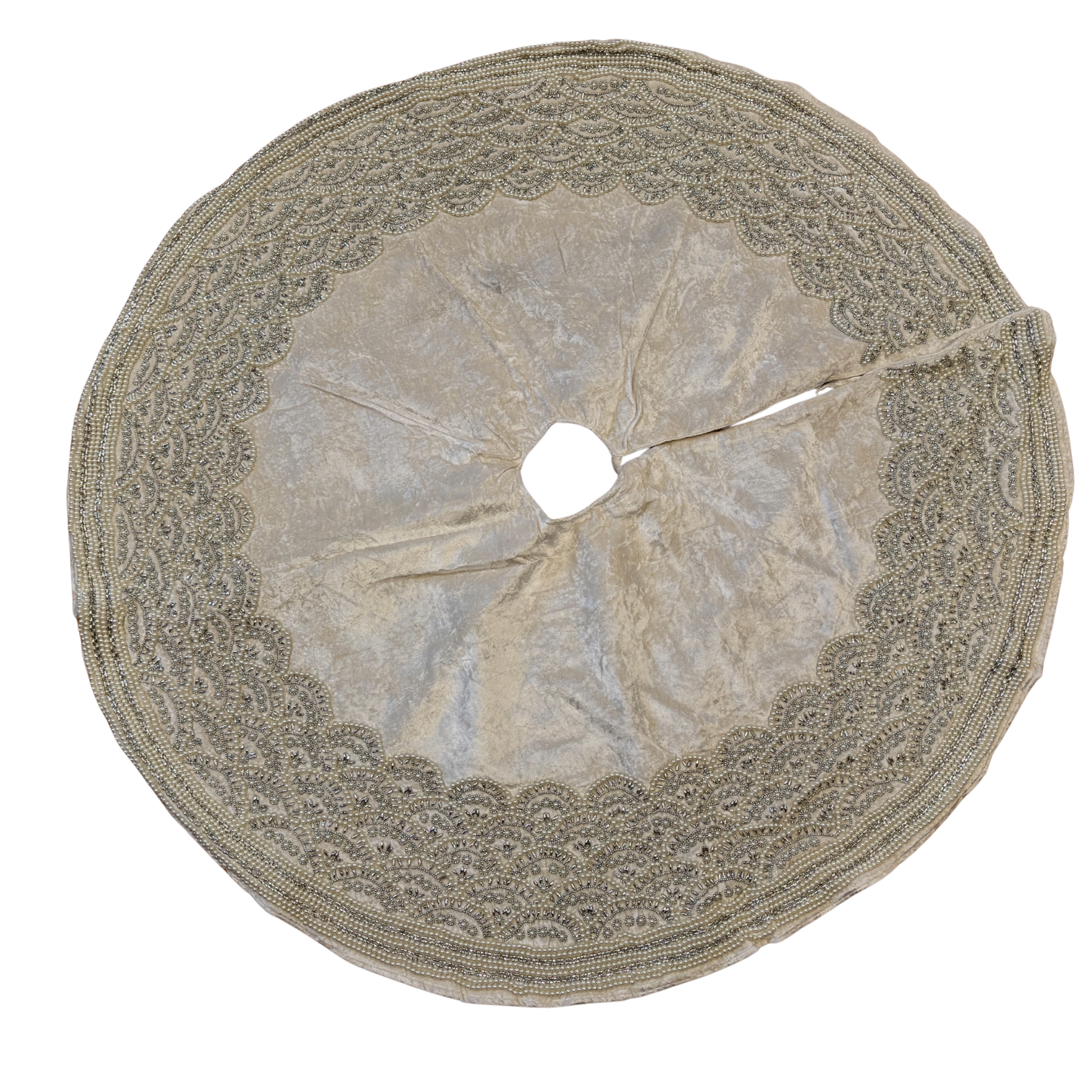 Hand-beaded white velvet Christmas tree skirt with silver scalloped embroidery