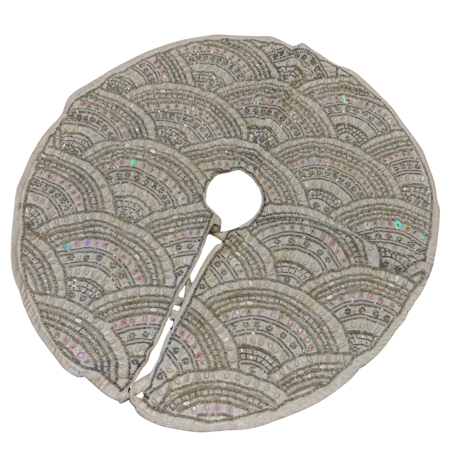 White velvet Christmas tree skirt with pearl and diamanté beading in scalloped design