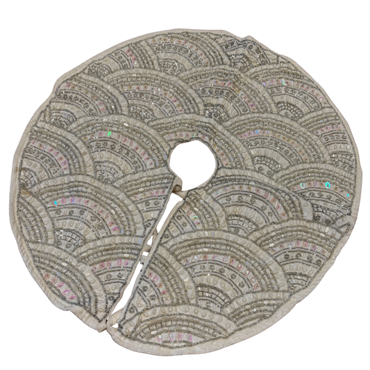 White velvet Christmas tree skirt with pearl and diamanté beading in scalloped design