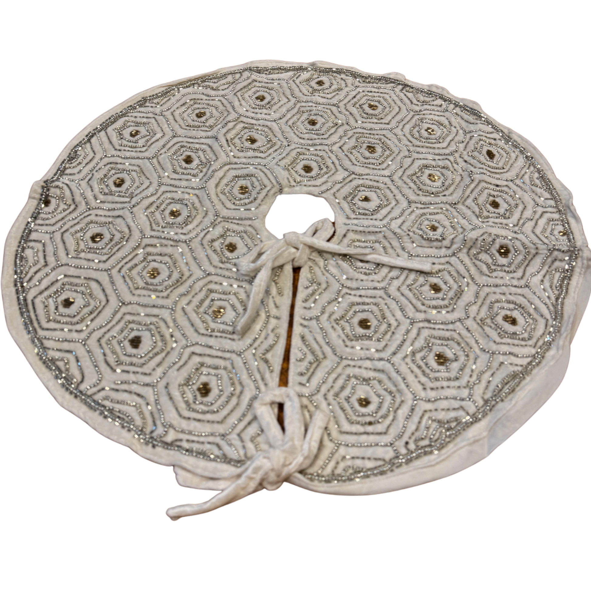 White velvet Christmas tree skirt with silver hexagon beaded design