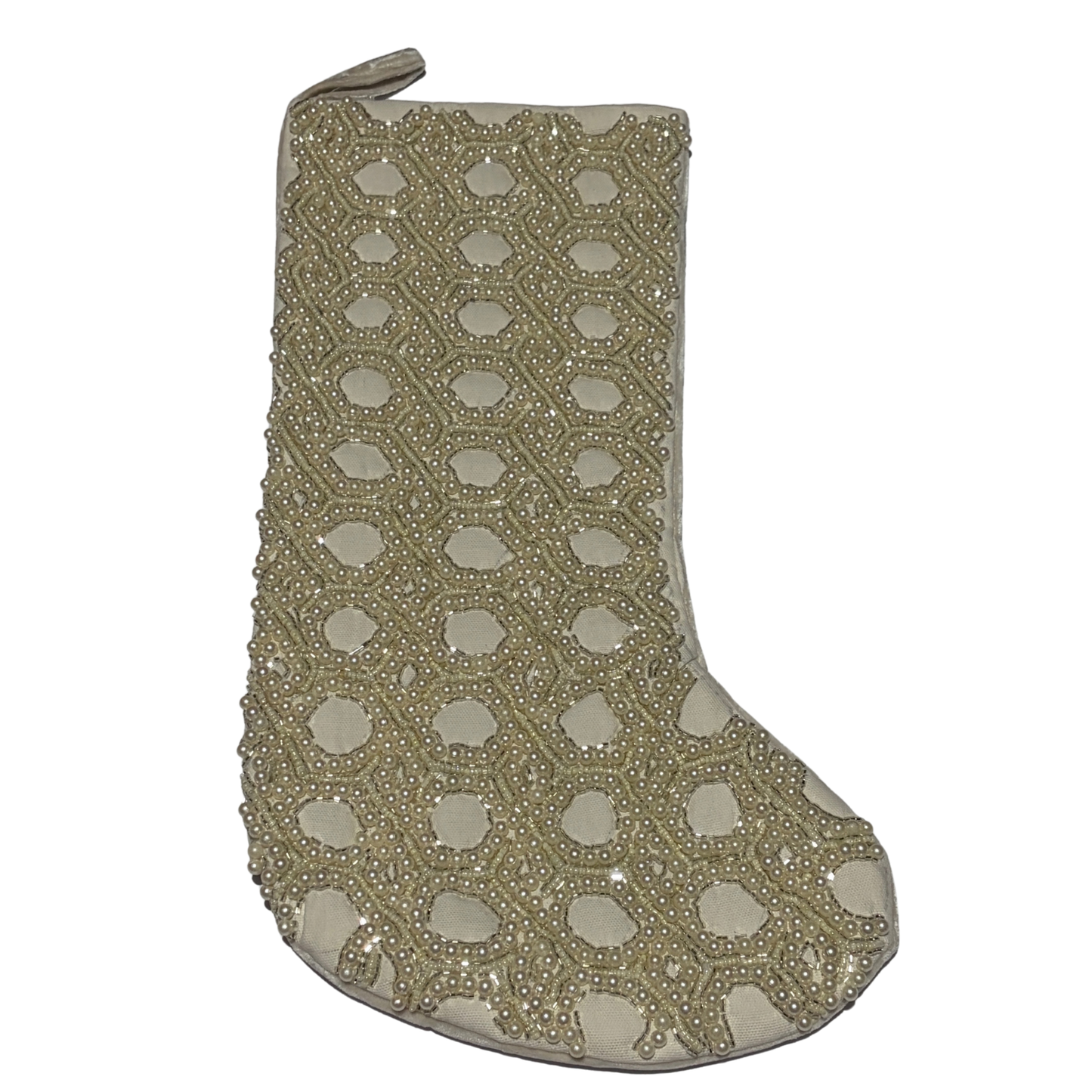 White velvet Christmas stocking with pearl hand-beaded lattice design