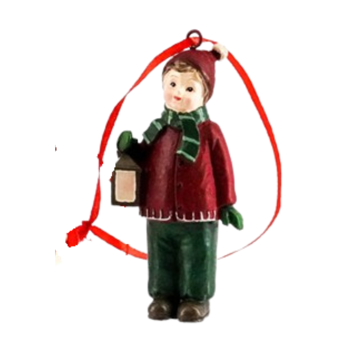 Christmas tree decoration of a smiling boy in a red jacket and green striped scarf holding a small lantern