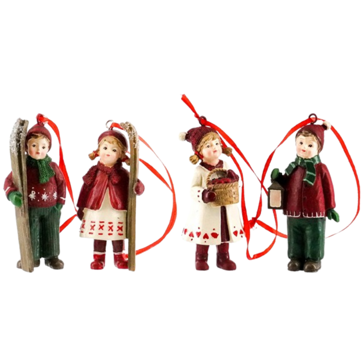Set of four vintage-style winter children Christmas tree decorations — two with skis, one with a basket, one with a lantern