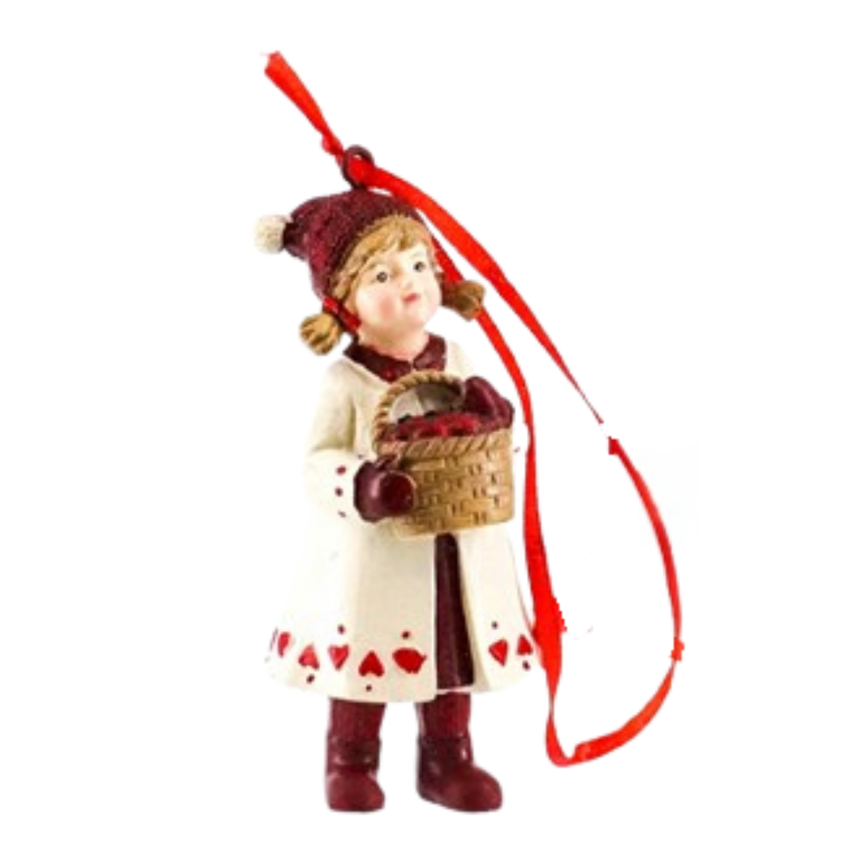 Christmas tree decoration of a girl in a cream heart-print coat and red bobble hat carrying a wicker basket