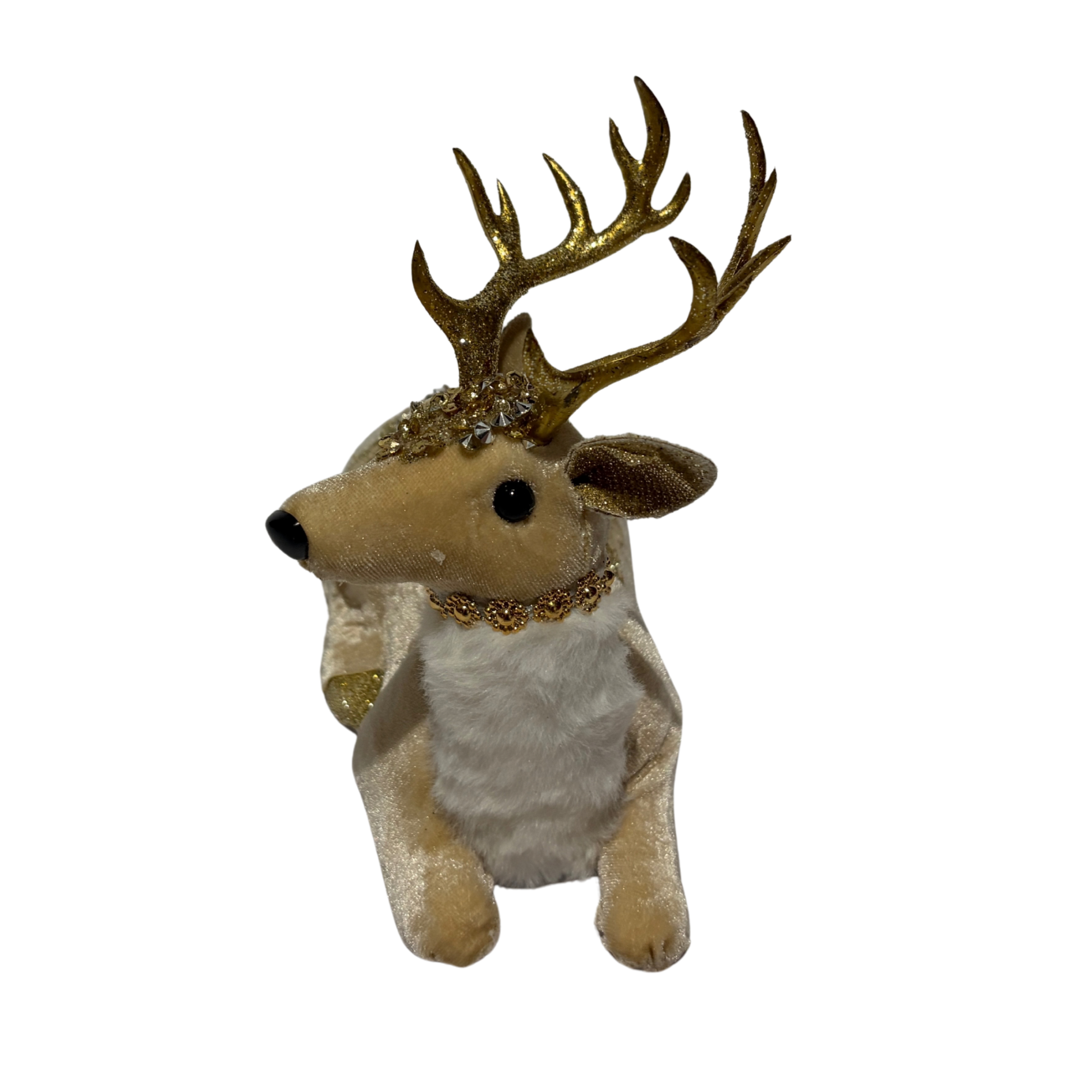 White reindeer figurine lying down with gold antlers and sparkling gold embellishments