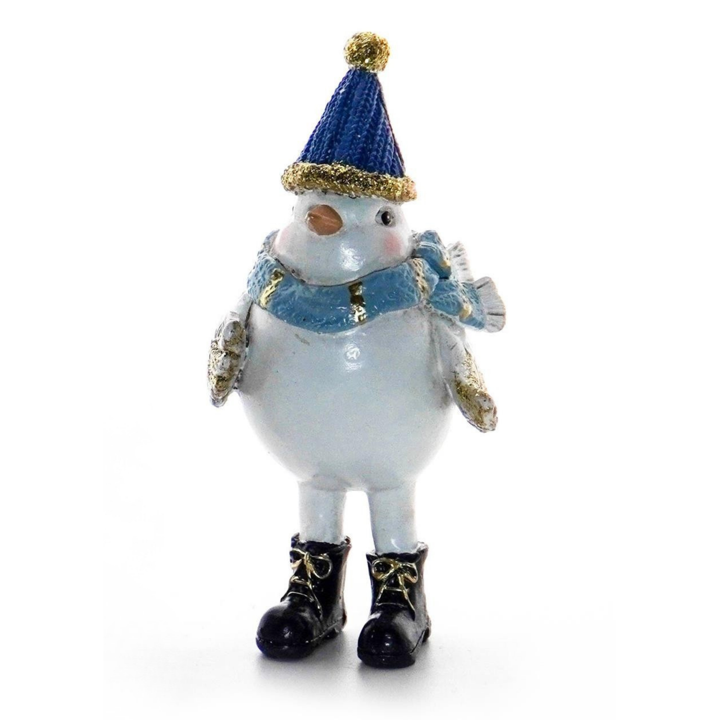 Plump white winter robin decoration in light blue hat with gold trim and navy scarf with black boots