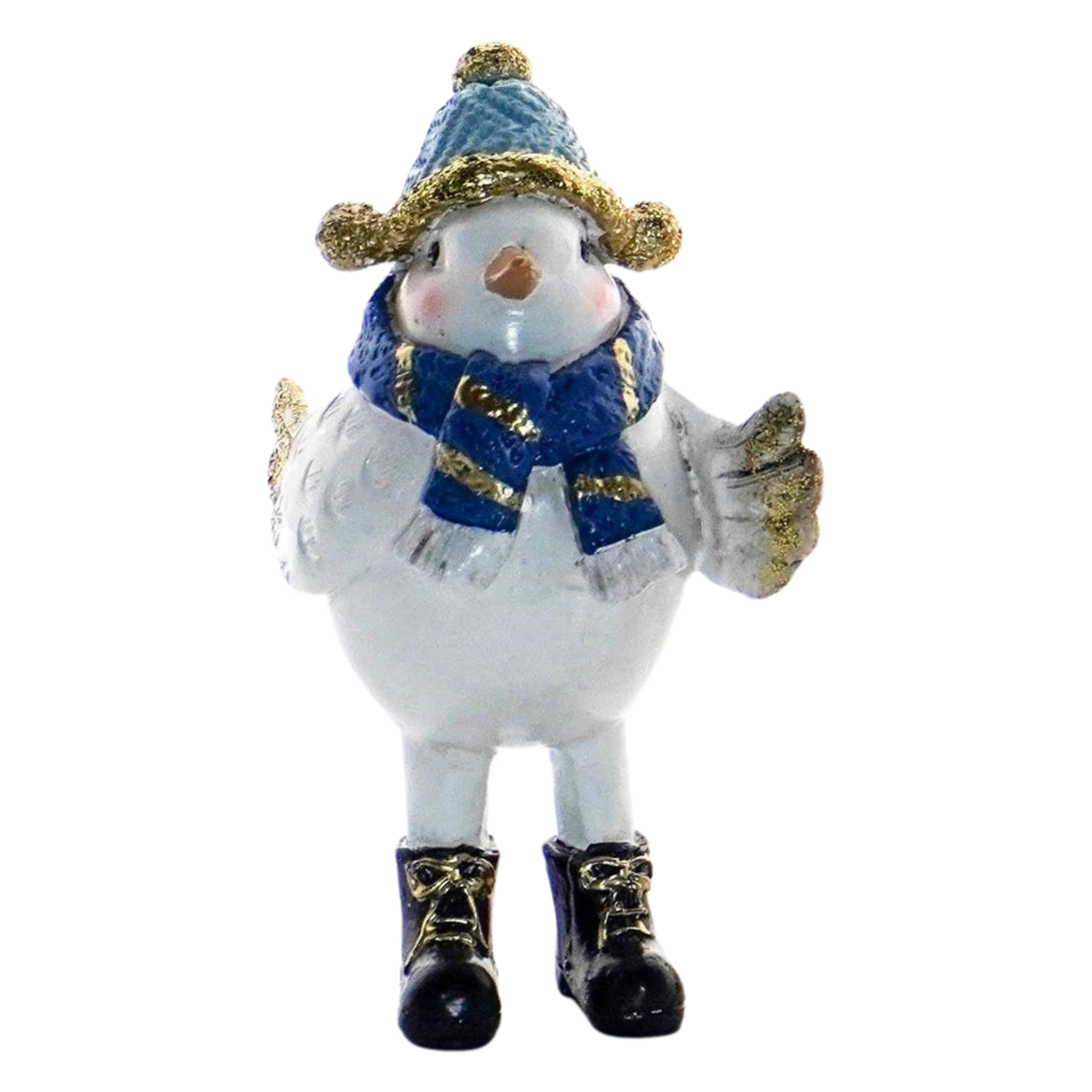 Plump white winter robin decoration in navy hat with gold pom-pom and light blue scarf with black boots