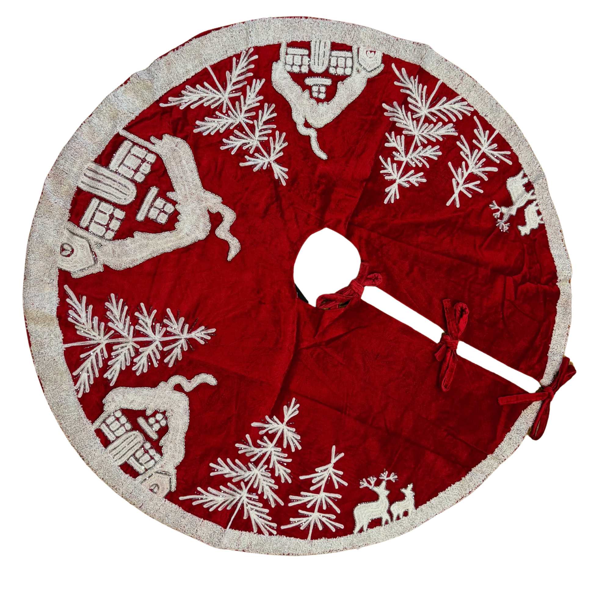 Hand-beaded red velvet Christmas tree skirt with cottages, trees, and reindeer design