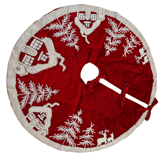 Hand-beaded red velvet Christmas tree skirt with cottages, trees, and reindeer design