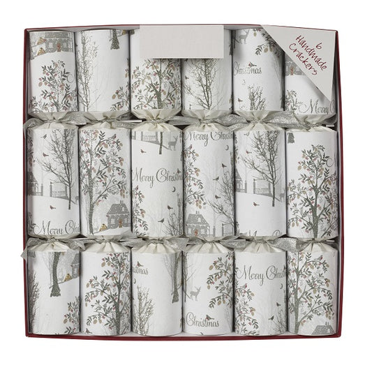 Box of Christmas crackers with festive designs on a white background
