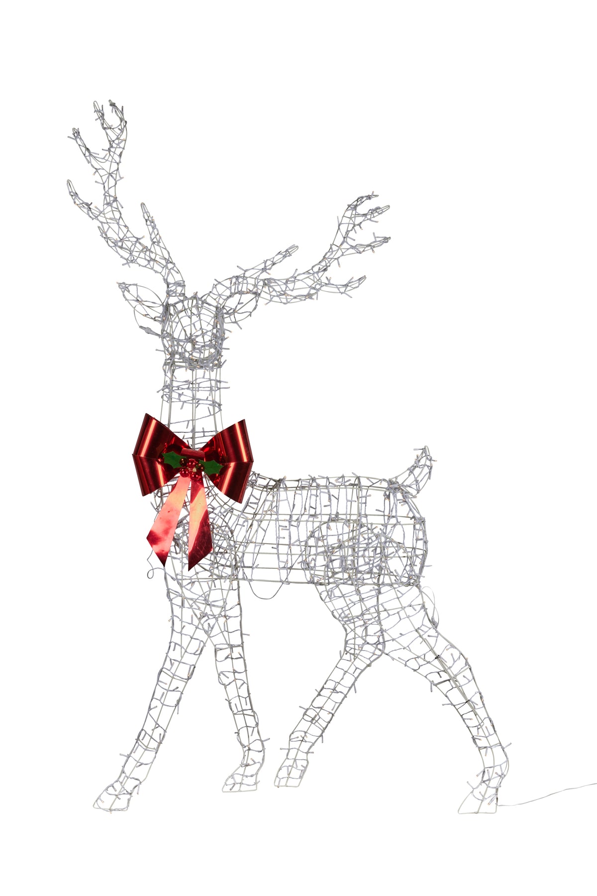 Silver wire reindeer LED light figure with red bow, unlit
