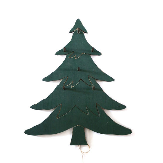 Green wooden Christmas tree-shaped display stand for hanging ornaments and decorations