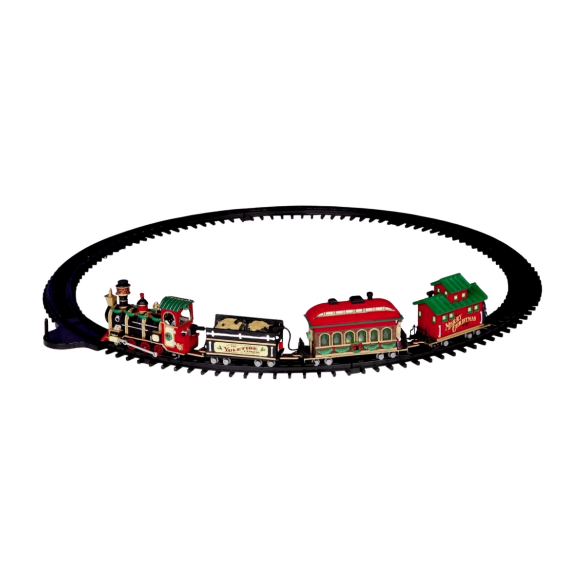 Yuletide Express Christmas train set with red and green locomotive, passenger car, and Merry Christmas caboose on oval black track
